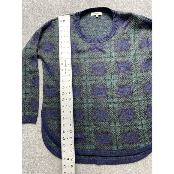 Madewell Sweater Womens XS Navy Green Plaid High Low Curved Hem Tunic Knit - Picture 3 of 9